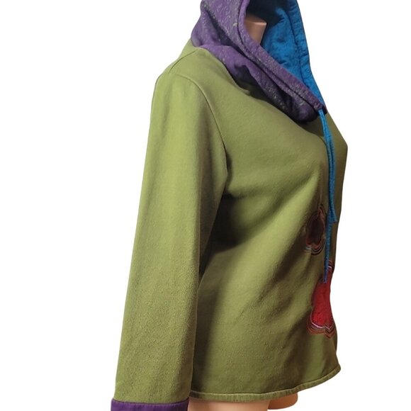 Camden GEKKO Green Pullover Purple & Blue Accents Floral Appliqué Funnel Neck - Picture 10 of 14